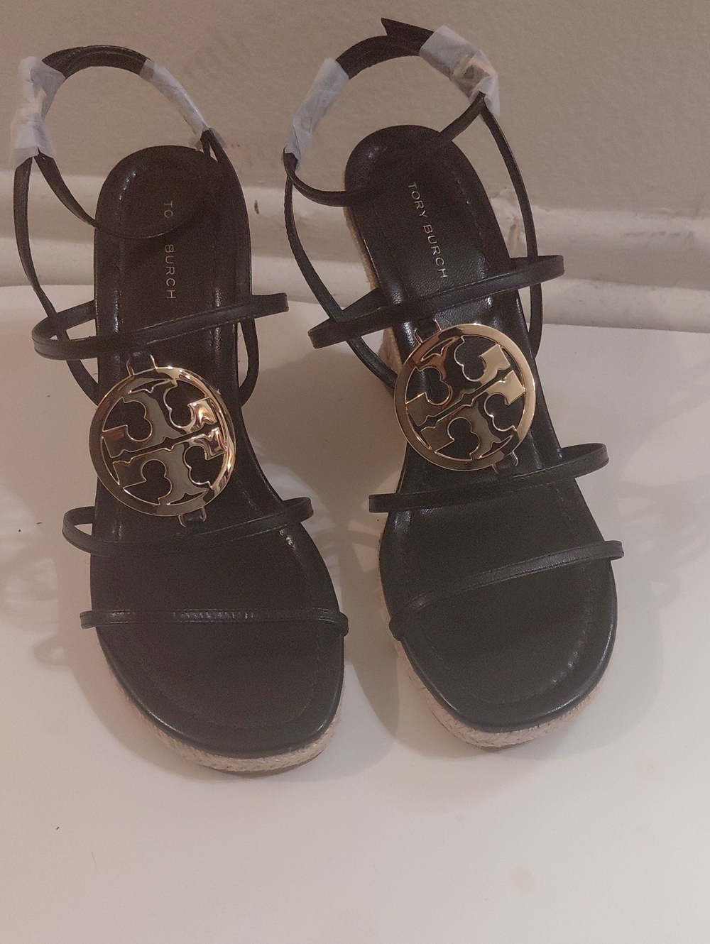 Tory Burch Black Leather Strappy Sandals with Gold Logo Medallion